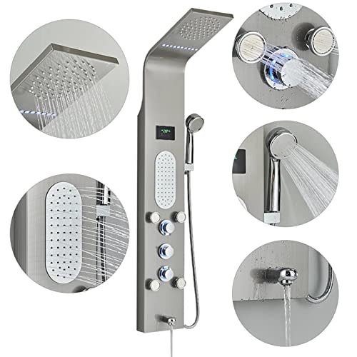 Columna de Ducha 4 en 1 de Acero Inoxidable SUS304 con Panel de Ducha, Chorro Lluvia, Duchador de Mano, Salida para Bañera y Rueda de Mano LED miniatura 4