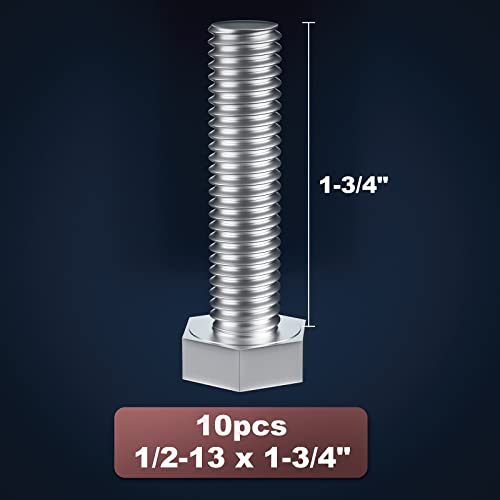 Image of 1 /2-13 x 1-3 /4 inch (1 to 7 inch Optional) Hex Head Screw Bolt, Stainless Steel 18-8(304), Fully Threaded,10pcs