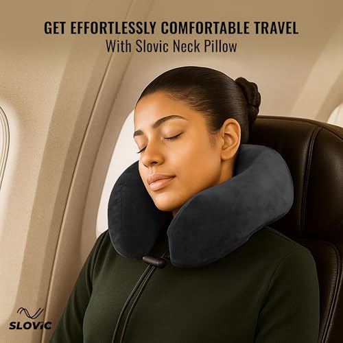 Image of SLOVIC Neck Pillow for Travelling | Premium Memory Foam Pillow for Flight, Car, Bus, Train | 360 Neck Support with Soft Fabric | Travel Accessories | Includes Carrying Bag