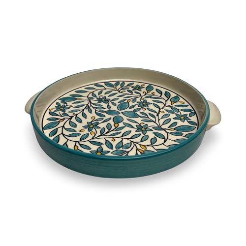 Image of Ceramic Serving Platter with Handles | (Turquiose) Floral Leaf Hand-Painted Stoneware Tray for Snacks, Appetizers, Salads & Noodles | Microwave & Dishwasher Safe