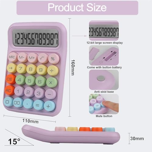 Image of Colorful Candy Mechanical Calculator - Cute 12 Digit Large LCD Display, Big Round Button, Easy to Press - for School, Office, Business, Home - Automatic Sleep (Multi-Color)