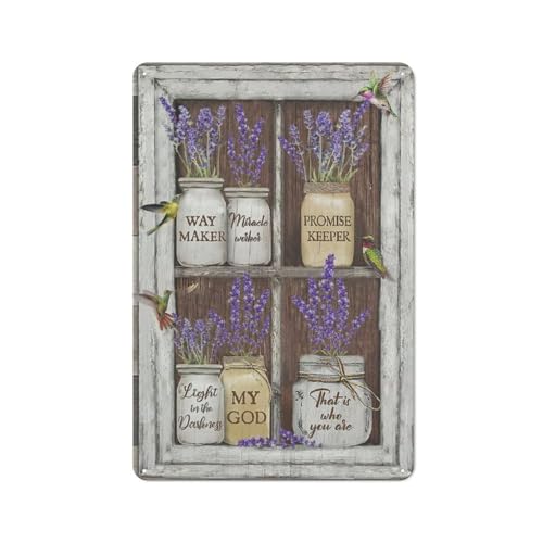 FixeLLD Rustic Metal Tin Sign Bathroom Lavender Flower Wall Art Farmhouse Purple Lavender Hummingbird Wall Decor Country Floral Pictures Artwork for Bathroom Kitchen Bedroom Home 8x12Inch