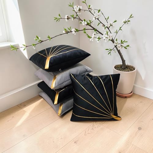 Image of Home Velvet Cushion Cover with Golden Stripes, Aqua Pack of 5, 16x16 to 26x26 Inch (Black /Silver, 16x16in)
