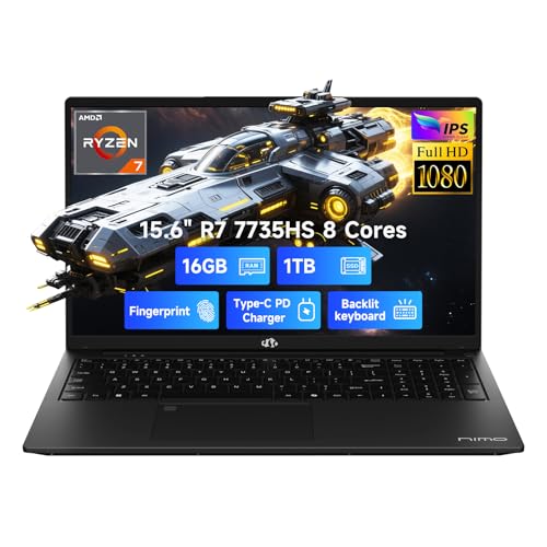 NIMO 15.6' IPS FHD Gaming-Laptop, AMD 8 Cores Ryzen 7 7735HS 16GB DDR5 RAM 1TB SSD (Beats i7-12650H, Up to 4.75GHz) Computer with Radeon 680M 100W Type-C Backlit Keyboard Fingerprint Unlock, Black