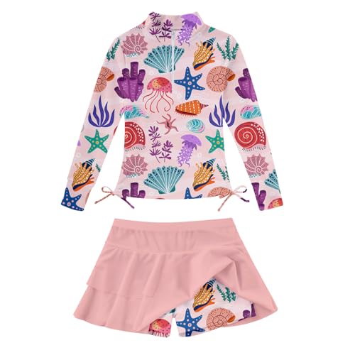 Image of Vogseek 3-12T Girls Rash Guard 2 Pieces Bathing Suit Long Sleeve Swimsuit Swimming Skirt with Shorts Swimwear