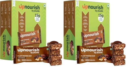 Image of Upnourish by Pluckk Plant Protein Bar - Pack of 12 (50g Each) | 15g Protien , 2g Fiber | No Added Sugar & Preservatives | Protein Bar without sugar | Lactose & Gluten Free | Gut Friendly | Cafe Mocha Flavoured - 300g