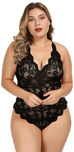 HZH Womens Plus Size Lingerie Babydoll V-Nect Lace Mesh Chemise Sleepwear - Black XXL