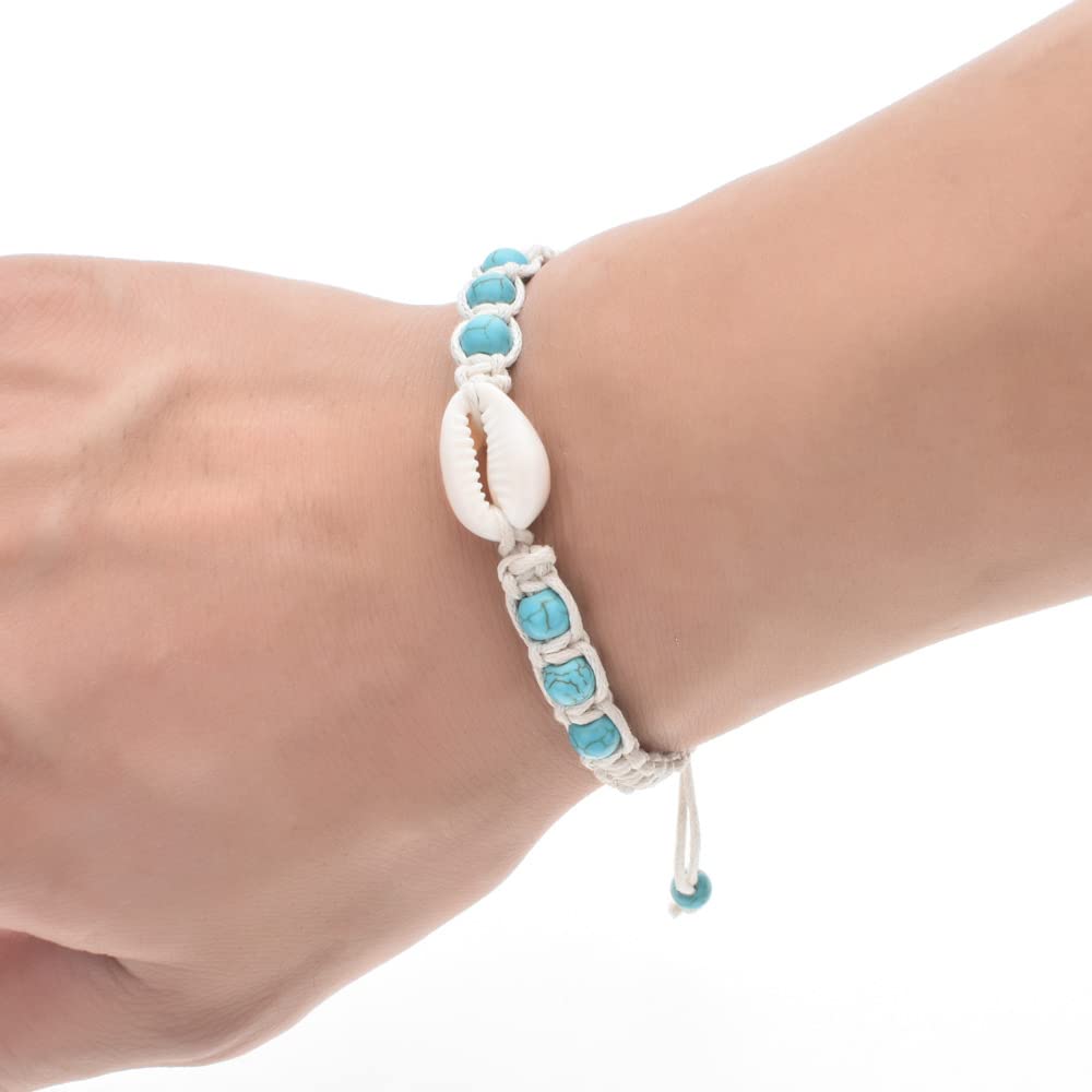 2 sztuki bransoletek w stylu boho, turkusowa, z kamienia naturalnego, ręcznie tkana, regulowana, na lato, hawajską plażę, biżuteria dla dziewcząt i kobiet, einstellbar, Skorupa naturalna i