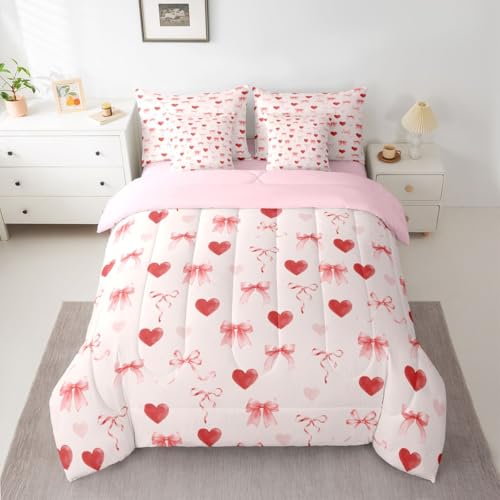 Image of Erosebridal Coquette Bow 7 Piece Comforter Set Twin Love Heart Bed in A Bag Ribbons Pink Valentine Bedding Sets for Kids Girls Bowknot Bow Tie Princess Sheet Set with Comforter