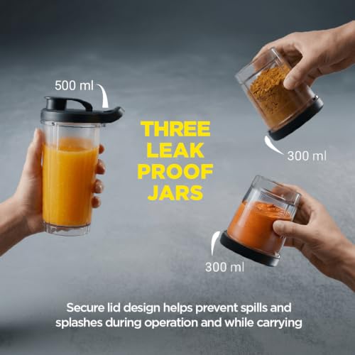 Image of Preethi MiniBlend Plus -Compact Blender & Juicer for Lump Free Purees & Smoothies | 25,000 RPM | 2 Razor sharp Ninja blades | Three Leak-proof Jars with Sipper & Storage Lids | Free Lifelong Service