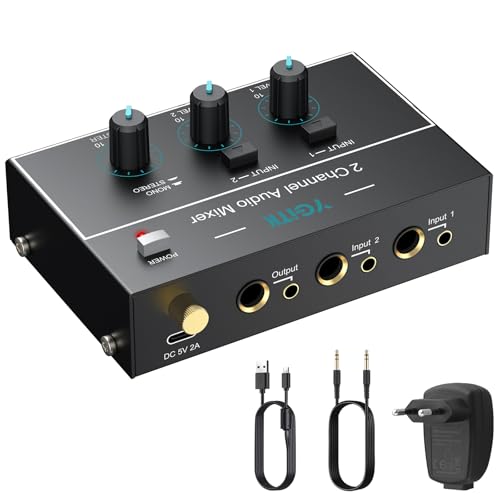 YGiTK Audio Mixer 2 Kanal Stereo Audiomischer 6 35 mm+3 5 mm Mini-Audiomischer 2 Eingänge & 1 Ausgang Type-C Aufladen Ultra Niedrig Noise mit Lautstärkeregelung