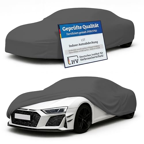 LST Autoabdeckung Indoor – lackschonende und Dehnbare Autogarage. Car Cover Innenbereich für Autohäuser und Endverbraucher. Auto Abdeckplane schützt vor Sonne, Staub. (Grau, S (380x125x120cm))