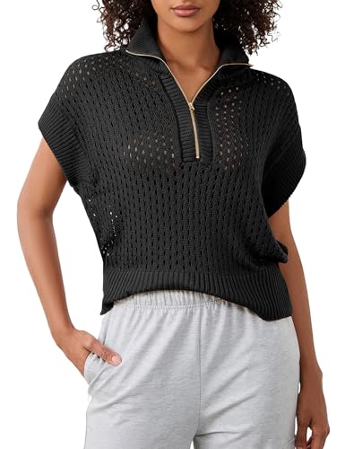 Image of Womens Spring Cap Sleeve Crochet Sweaters Loose Fit Quarter Zip Lightweight Hollow Out Beach Vacations Clothes