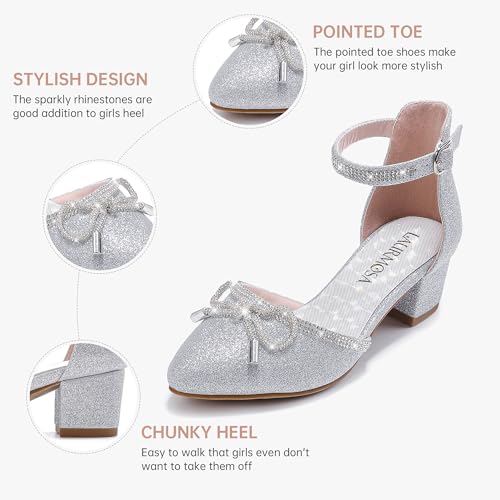 Image of LAURMOSA Girls Sandals Closed Toe High Heels Pointed Toe Ankle Strap Pumps Flower Girl Dressy Shoes in Wedding Party Cute Bowknot Chunky Block Heeled for Little Big Kids