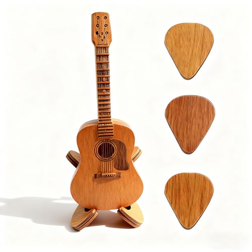 Doyyi Wooden Music Accessory Case with 3 Guitar Picks, Portable Holder and Storage Box for Plectrums - Thoughtful Gift for Guitar Players
