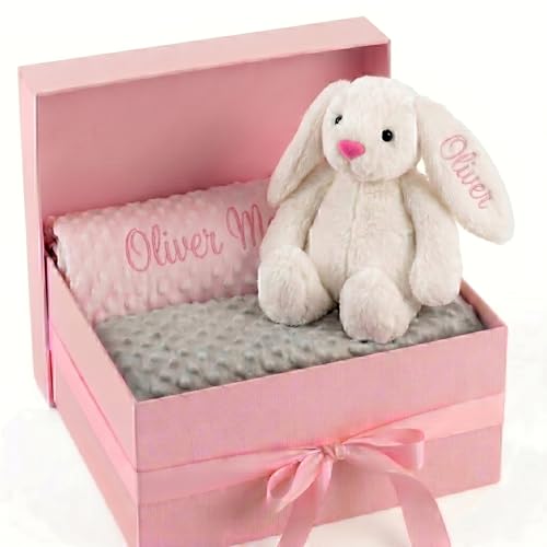 Image of Personalized Baby Blanket with Bunny Set for Baby Girl Gift | Custom Baby Blanket with Name, Customized Blankets & Rabbit Gift Set for Birthday, Flannel Dot Swaddle for Baby Shower Gifts