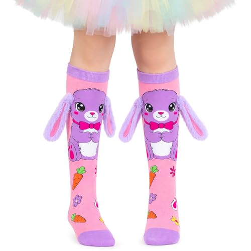 AGIFTMIND Crazy Socks for Kids Silly Funny Animal Bunny Knee High Socks with 3D Ears for Girls Crazy Sock Day Easter (US Alpha One Size Regular Pink&Purple)
