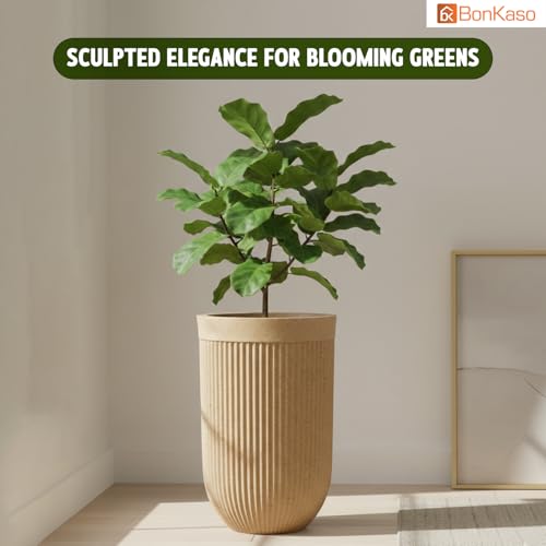 Image of Bonkaso 18 Inch Burj Khalifa Ribbed Planter for Indoor & Outdoor Use | Round Heavy Duty Polymer Flower Pot | Lightweight Weather Resistant Modern Gamla for Living Room Balcony & Terrace (Beige)