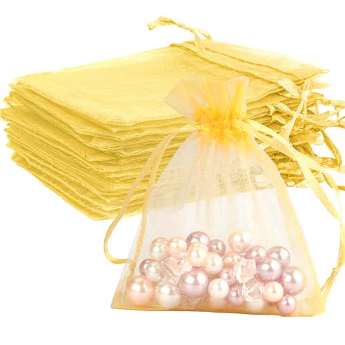 Image of Gold Organza Bags - 50 Pcs, Sheer 4 x 6 Inch Jewelry & Party Favor Bags with Drawstring, Mesh Gift Pouches for Wedding, Valentine's Day Party