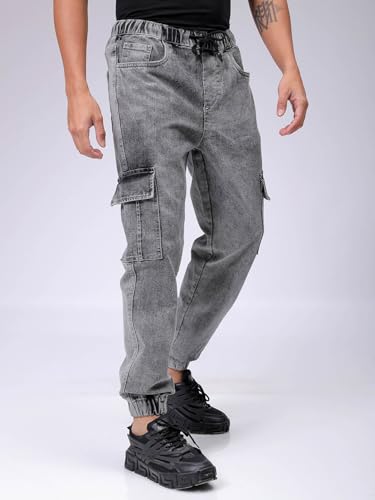 Image of The Indian Garage Co Men Regular Fit Solid Mid-Rise Stretchable Denim Cargo Joggers