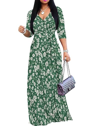 Image of PinkPatty Plus Size Maxi Dress for Women Casual V Neck 3 /4 Sleeve Boho Printed Long Dress with Pockets