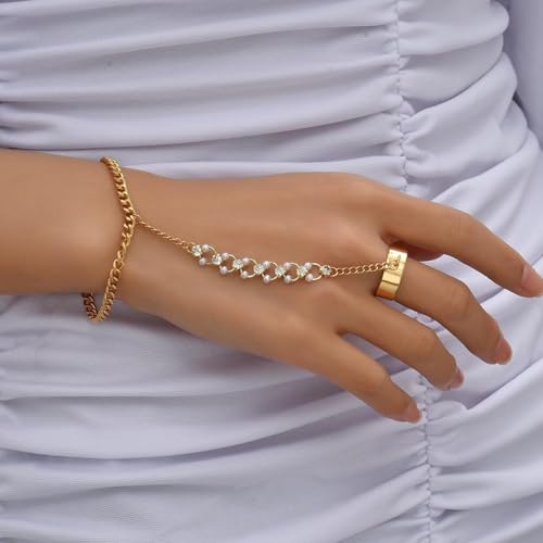 Image of Long tiantian Hand Chain Bracelet Gold Link Finger Ring Slave Bracelet