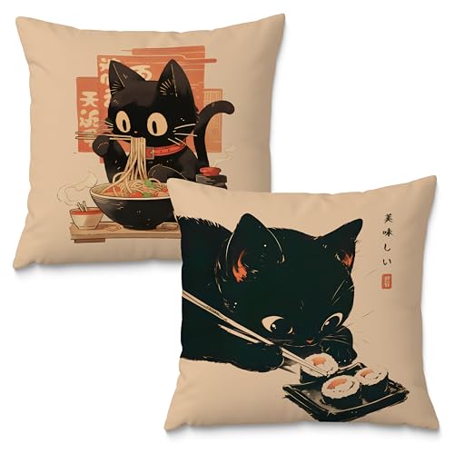 Fuasei Funny Vintage Black Cat Japanese Sushi Ramen Noodles Pillow Covers 18x18 Set of 2, Aesthetic Black Cat Art Painting Decor Pillow Covers for Room Bedroom