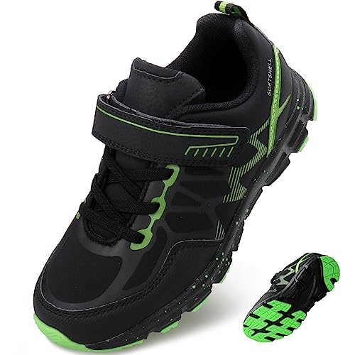 UOVO Boys Running Shoes Kids Waterproof Hiking Tennis Fashion Sneakers Breathable Lightweight Non-Slip Outdoor Walking Sports Trail Shoe Black/Green 2