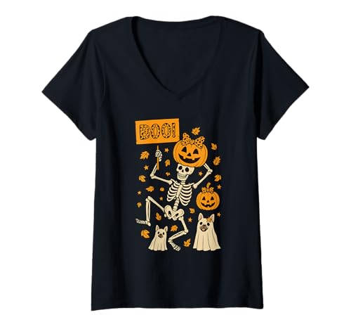 Femme Boo Squelette Citrouille Fantôme Chiens Drôle Effrayant Automne Halloween T-Shirt avec Col en V
