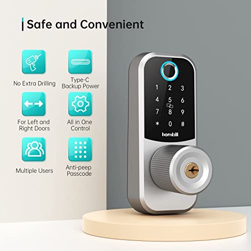 Fingerprint Door Lock - Hornbill Electronic Keyless Entry Door Lock - Smart Lock With Keypad - Digital Front Door Knob With App - Passcodes - Auto Lock - For Apartment Home Office, Silver #TOP4
