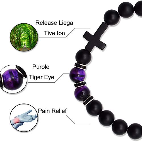 Byson Fashion Religion Cross Men Women 8mm Natural Stone Tiger Eye & Black Matte Agate Beads Bracelet Elastic Bracelet Bangle - Image 6