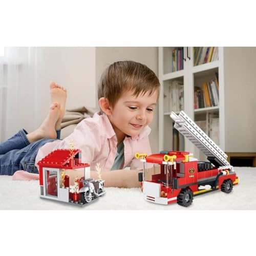Image of City Fire Ladder Truck Building Blocks Set - 2-in-1 Fire Engine & Rescue Vehicle Toy | Firefighter Construction Kit for Kids Ages 4-12 | STEM Creative Playset | Compatible with Brick Brands