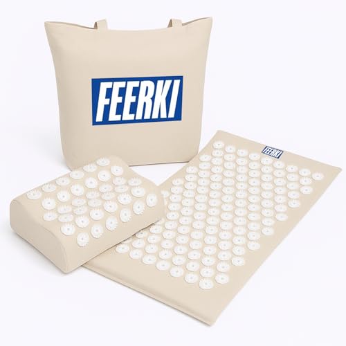 FEERKI Acupressure Mat & Pillow Set with Bag – Spike Massage Mat for Back, Neck & Foot Pain Relief – Acupuncture Mat for Stress, Circulation & Relaxation – Cotton & Coconut Fiber