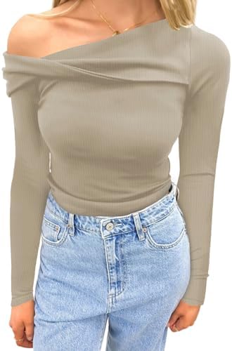 CiCiBird Women One Off Shoulder Long Sleeve Tops Going Out Slim Fit Shirts Y2K Trendy Fall Blouse