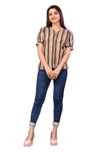 Image of Casual Roll Up Sleeves Striped Women Cotton Brown Shirt