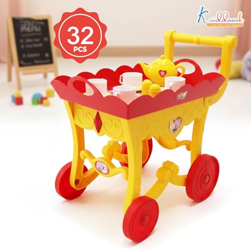Image of Hasbro Peppa Pig Tea Trolley Set - 32 Pcs Pretend Play Kitchen Toy with Electronic Kettle, Lights & Sound - Interactive Pink Tea Cart, Educational Birthday Gift for Kids & Toddlers Age 3+