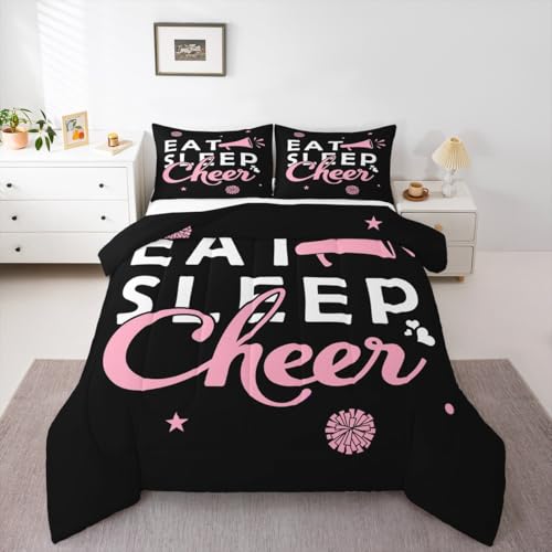 Image of Feelyou Pink Eat Sleep Cheer Comforter Set Toddler Size for Girls Boys Cheerleader Comforter Gymnastics Dancing Lovers Bedding Set Girls Cheerleading Sports Duvet Set Quilt Set