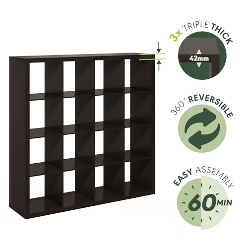 Image of Furinno Cubicle Record Player Stand, 16-Cube Record Storage, Dark Oak | Vinyl Storage, 1.68 inchInch Triple Thick, Open Back Media Shelf for CD DVD Bluray Game Disc, for Living Room, Home Office