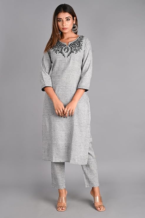 Image of H HIPHONIC Leaf Embroidered 3 /4 Sleeve Cotton Kurti Pant Set with Dupatta for Women