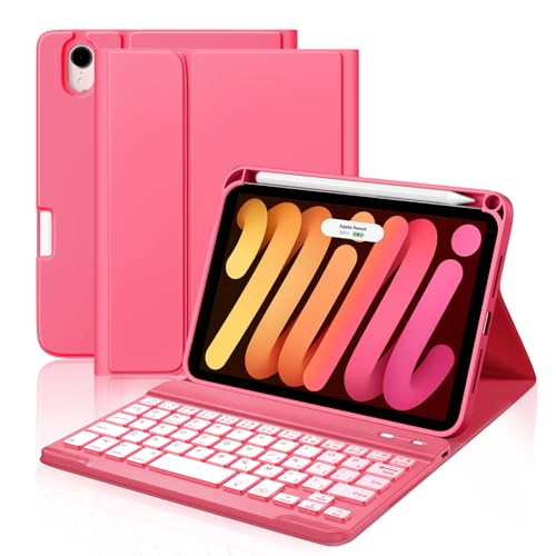 Image of for iPad mini 7 Keyboard Case A17 Pro 2024 /iPad Mini 6 Generation Case with Keyboard 2021 8.3 Inch, Pencil Holder, 7 Color Backlit Detachable Keyboard Cover for iPad mini 7th /6th Gen,DarkPink