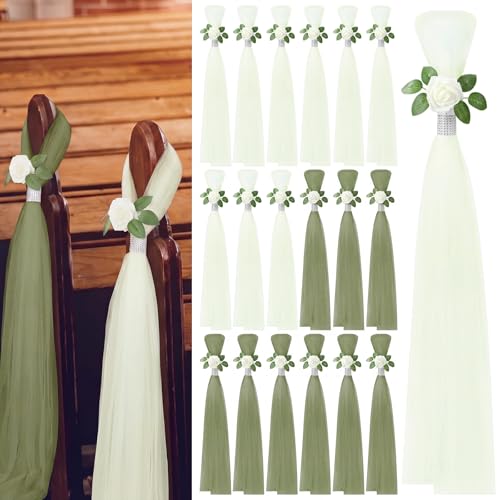 Suncalla 24 Set Large Wedding Aisle Decorations 31.5 Inch Rose Flowers with Long Tulle Tails Church Chair Aisle Decor Pew Wedding Decorations for Ceremony Bridal Shower Reception Anniversary (Green)