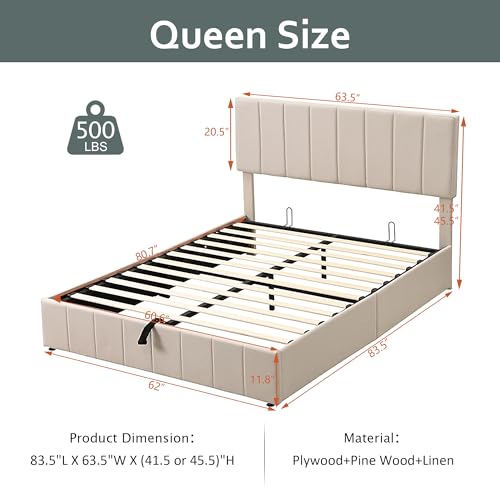 Merax-Gas-Lift-Up-Storage-Platform-Bed-Upholstered-Bed-Frame-with-Hydraulic-Storage-System-and-Wooden-Slat-Support-Queen-Size-Beige