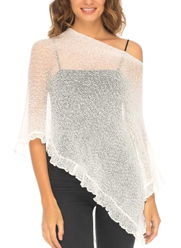 SHU-SHI, femmes - Top pull en tricot léger à volants en poncho transparent blanc