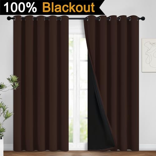 Image of Yakamok Chocolate Brown Blackout Curtains 96 Inches Long 62 inch Wide, 2 Panels | Blackout Curtain Panels for Bedroom, 2 Thick Layers Grommet Top Thermal Insulated Drapes with Black Liner for Living Room