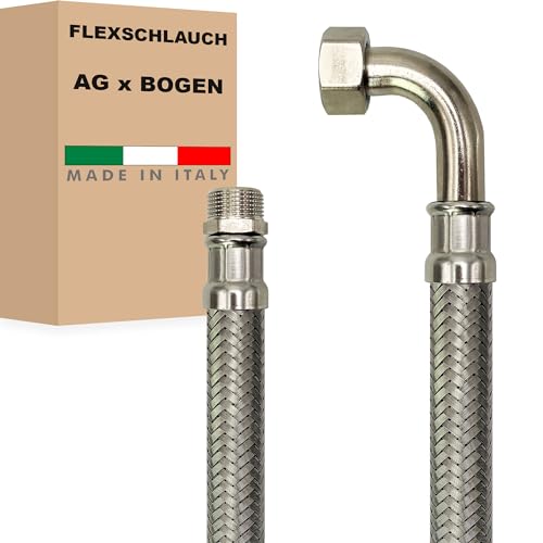 Manguera flexible DN13-1/2' de acero inoxidable, manguera blindada sanitaria para sistema de agua doméstico - Fabricado en Italia (1/2' AG x 1/2' CODO, 80 cm)