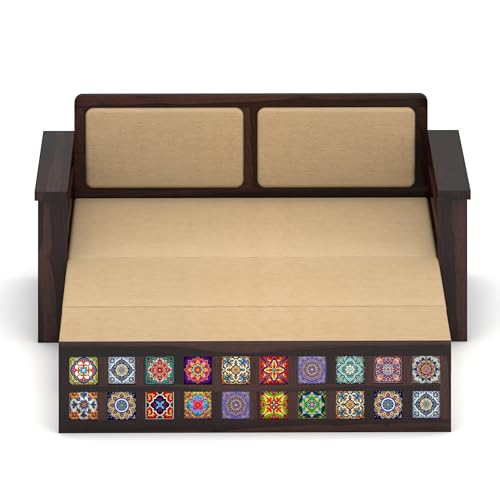 Image of Solid Sheesham Wood Sofa Cums Bed with Cushioned Seating & Handcrafted Tile Storage Front | Rosewood Convertible Sofa Bed for Living Room & Bedroom (Walnut)