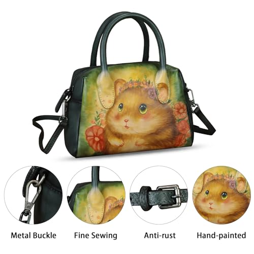 Image of Genuine Leather Handbag for Women Hand Painted Top Handle Purse Retro Handmade Satchel Vintage Crossbody Hobo Bag