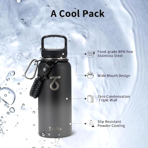 Trebo 946 ml Edelstahl Trinkflasche Isoliert mit Paracord-Griff & 3 Deckeln – Ansicht 6