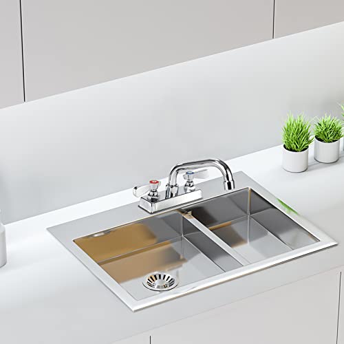 Commercial Bar Sink Faucet 4 Inch Center Deck Mount Bar Sink Faucet 2 Hole Brass Constructed & Chrome Polished With 12" Swivel Spout & Dual Lever Handles #TOP6