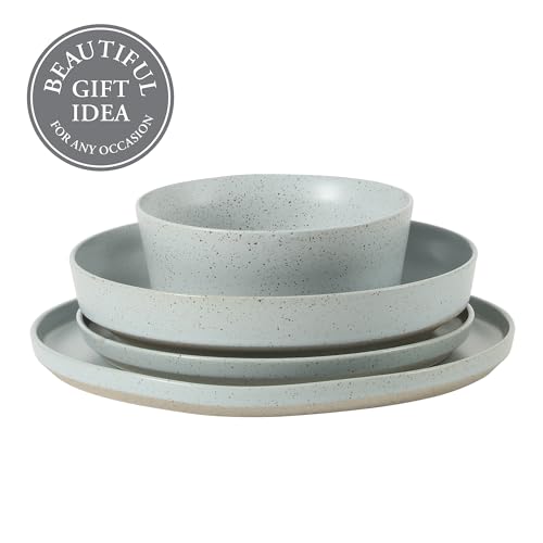 Image of Gibson Elite Overbrook 16-Piece Pottery Clay Stoneware Dinnerware Set - Light Blue Reactive Glaze, Stackable Plates and Bowls w /Pasta Bowl, Service for 4 - Microwave & Dishwasher Safe